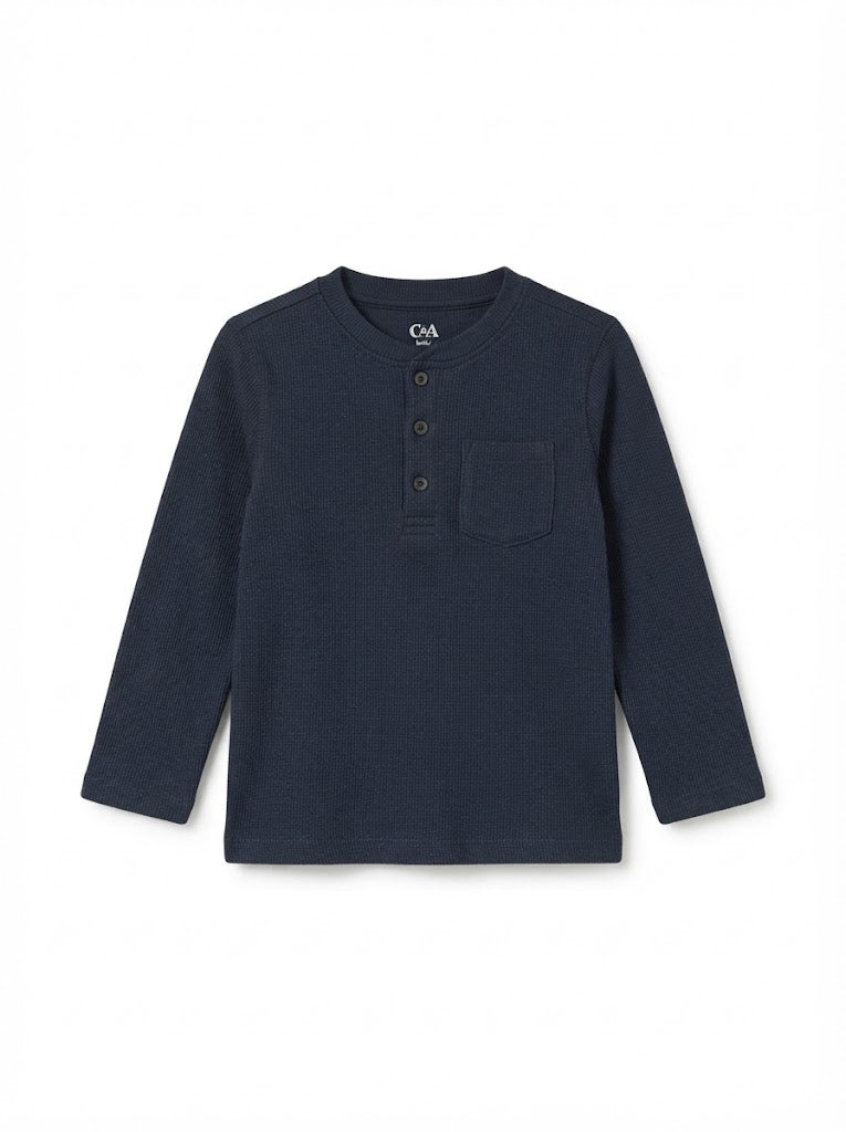 IMPORTED Boys' Long-Sleeve Waffle Knit Henley Shirt – Navy Blue Chest Pocket Top