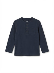 IMPORTED Boys' Long-Sleeve Waffle Knit Henley Shirt – Navy Blue Chest Pocket Top