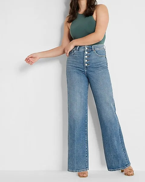 SOUTHERN COTTON Super High Waisted Medium Wash Button Fly 90s Wide Leg Jeans