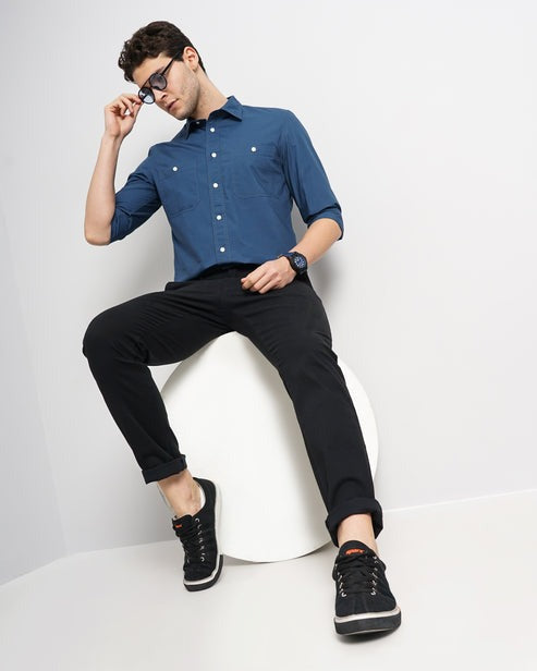 Solid Regular Fit Cotton Blue Shirt