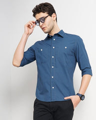 Solid Regular Fit Cotton Blue Shirt
