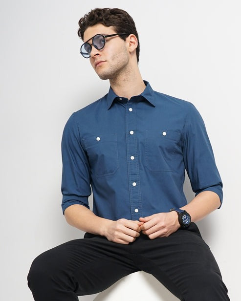 Solid Regular Fit Cotton Blue Shirt