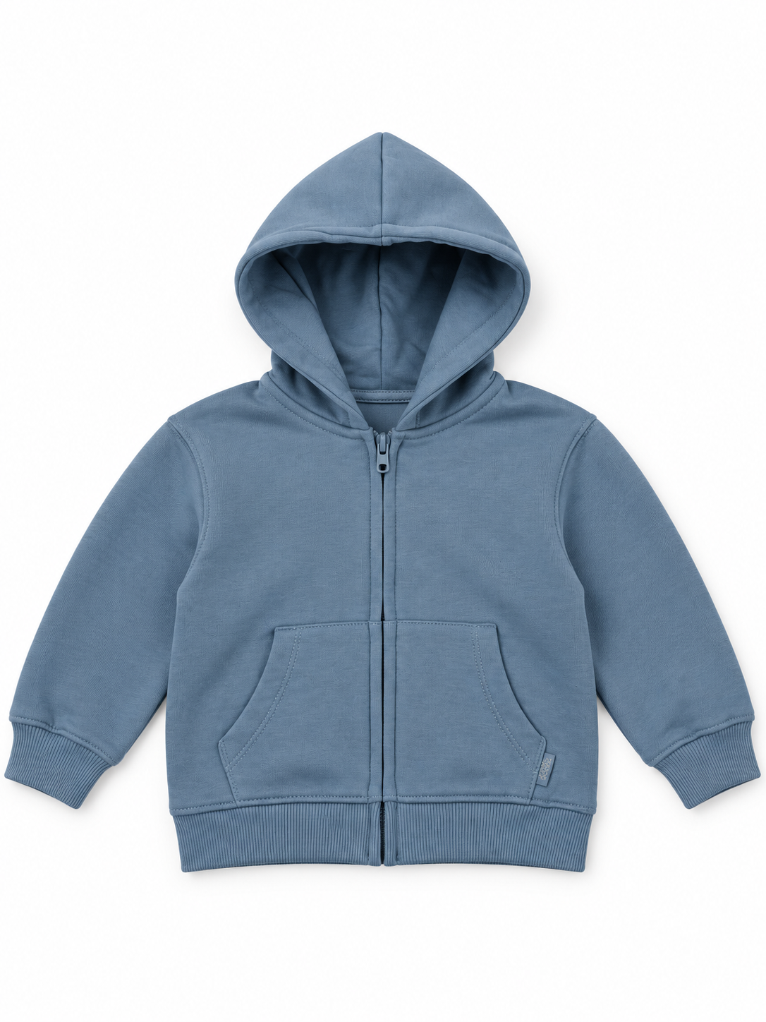 Dusty blue toddler zip-up hoodie front view without model, size 1.5–2 years