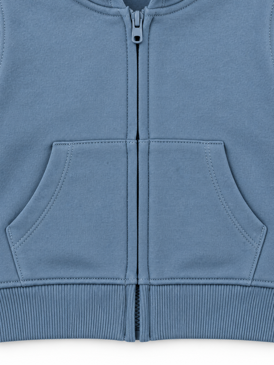 Dusty blue toddler hoodie zoom detail showing zip, pocket stitching and ribbed hem