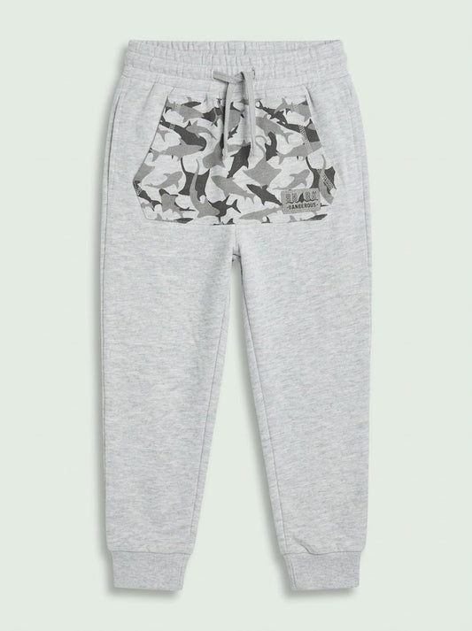 Boys' Casual Cotton-Blend Fleece Joggers with Shark Camo Pocket – Light Gray
