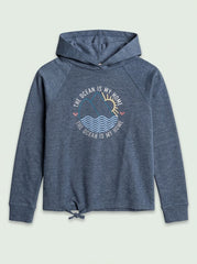 Girls Blue Heather Casual Pullover Hoodie with Ocean Graphic and Tie Hem