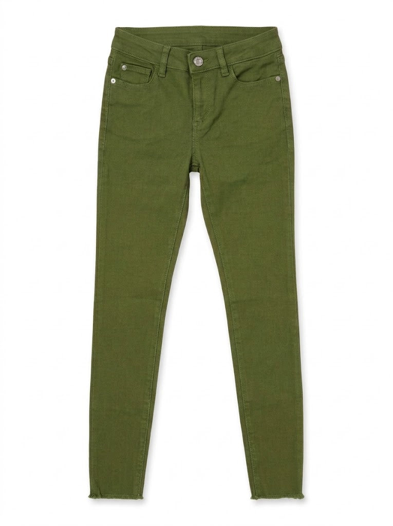 Girls BRANDED' Olive Green Skinny Fit Stretch Pants with Raw Frayed Hems| SM GARMENTS