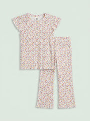 HM Girls' 2-Piece Floral Flutter-Sleeve Top and Flare Pants Set