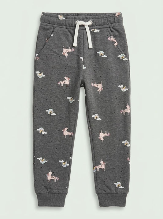 Girls Dark Grey Unicorn Print Jogger Pants | Kids Casual Sweatpants