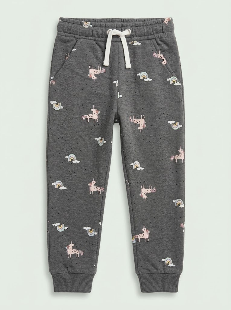 Girls Dark Grey Unicorn Print Jogger Pants | Kids Casual Sweatpants