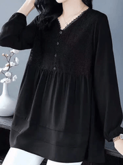 Elegant Black V - Neck Tunic Blouse with Lace Detail - Smgarment's