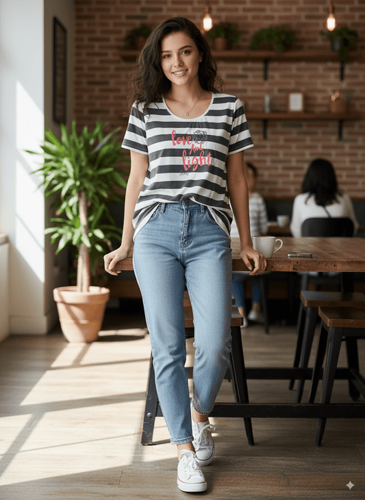 ESMARA LOVE AND LIGHT STRIPED WOMENS T - SHIRT - Smgarment's