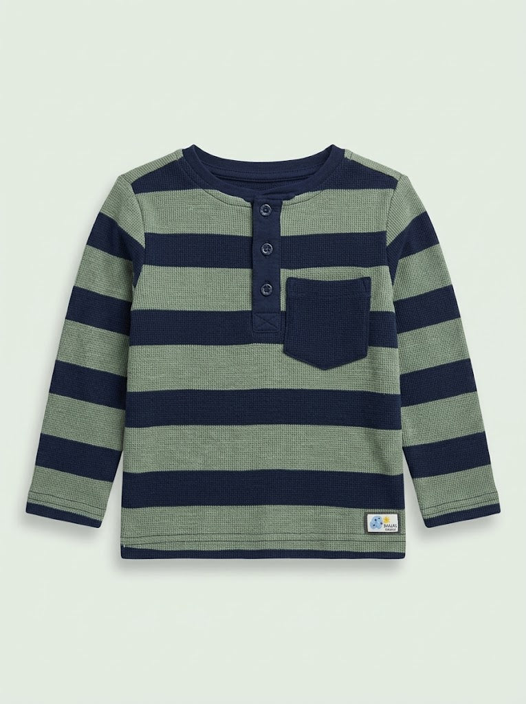 Boys' Casual Cotton Striped Henley Long-Sleeve Shirt – Navy & Green