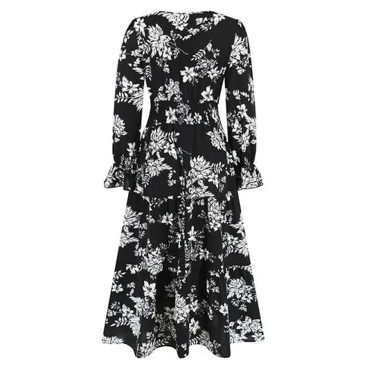 Floral Print V - neck Elastic Waist Maxi Dress - Smgarment's