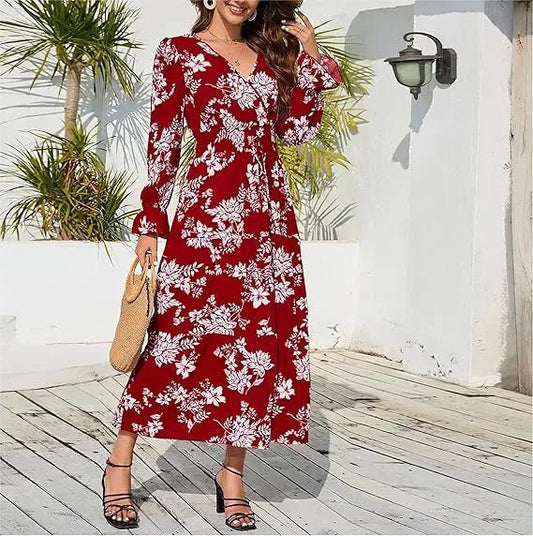 Floral Print V - neck Elastic Waist Maxi Dress - Smgarment's
