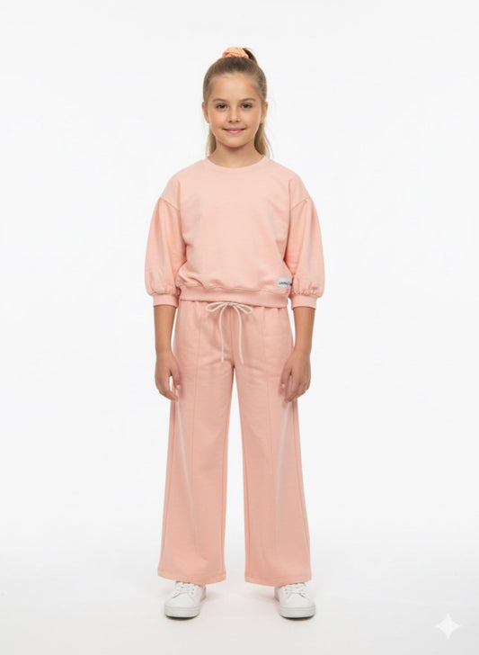 Girls Cozy Peach Dream Lounge Sweatshirt & Wide - Leg Pants Set - Smgarment's