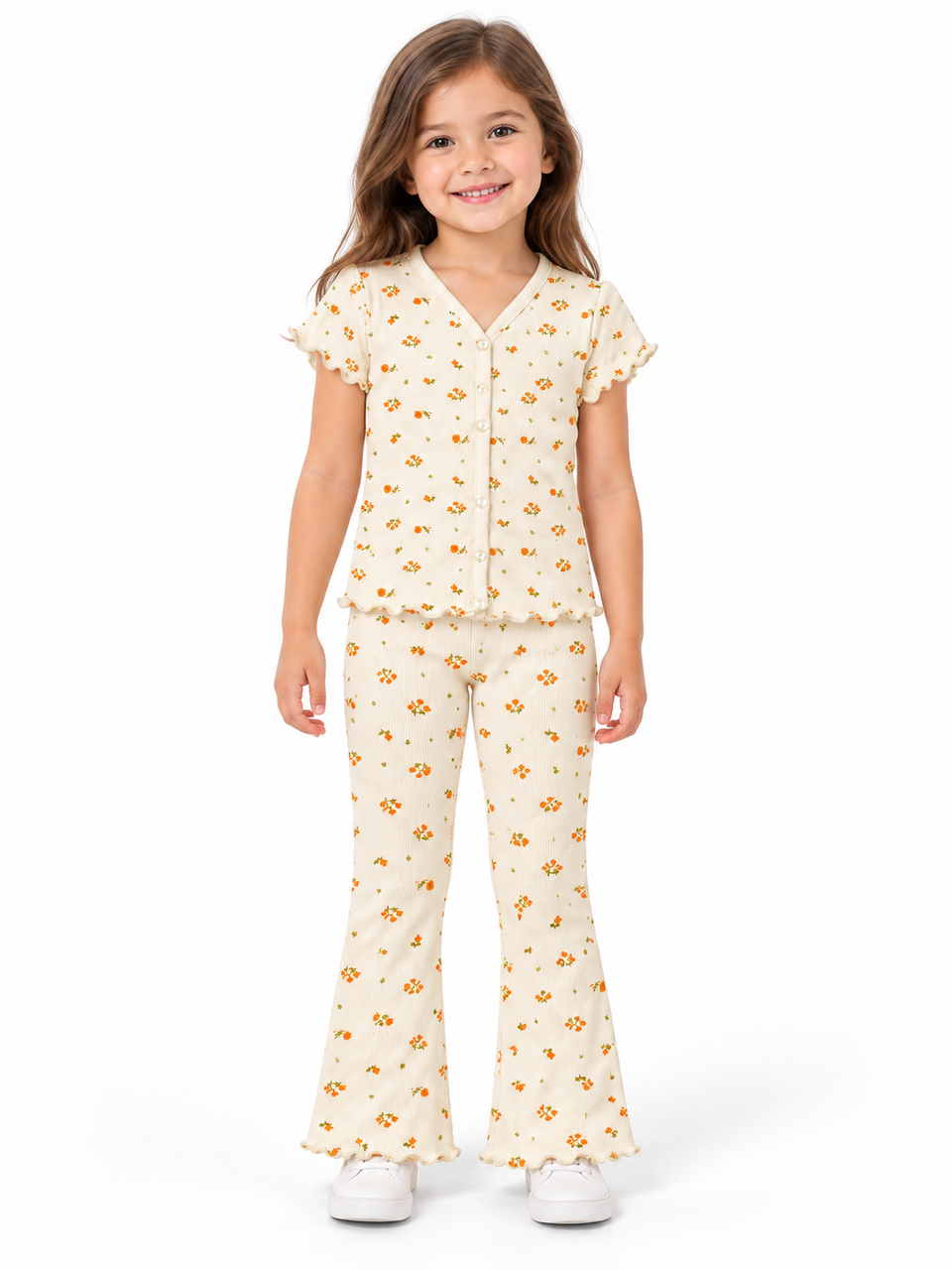 Girls ivory orange floral ribbed two-piece set model front