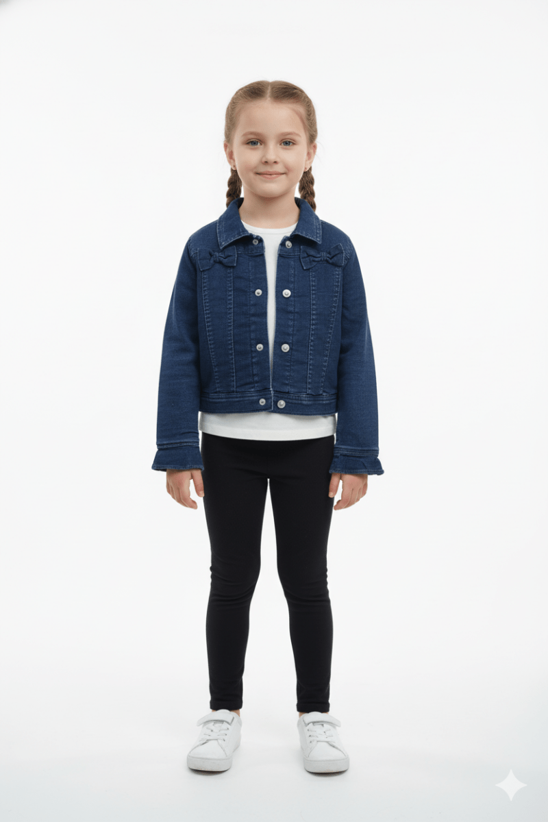GIRLS MANNING DERCORATIVE BOWS ON CHEST CROPPED DENIM JACKET - Smgarment's