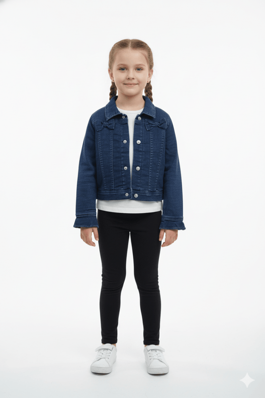 GIRLS MANNING DERCORATIVE BOWS ON CHEST CROPPED DENIM JACKET - Smgarment's