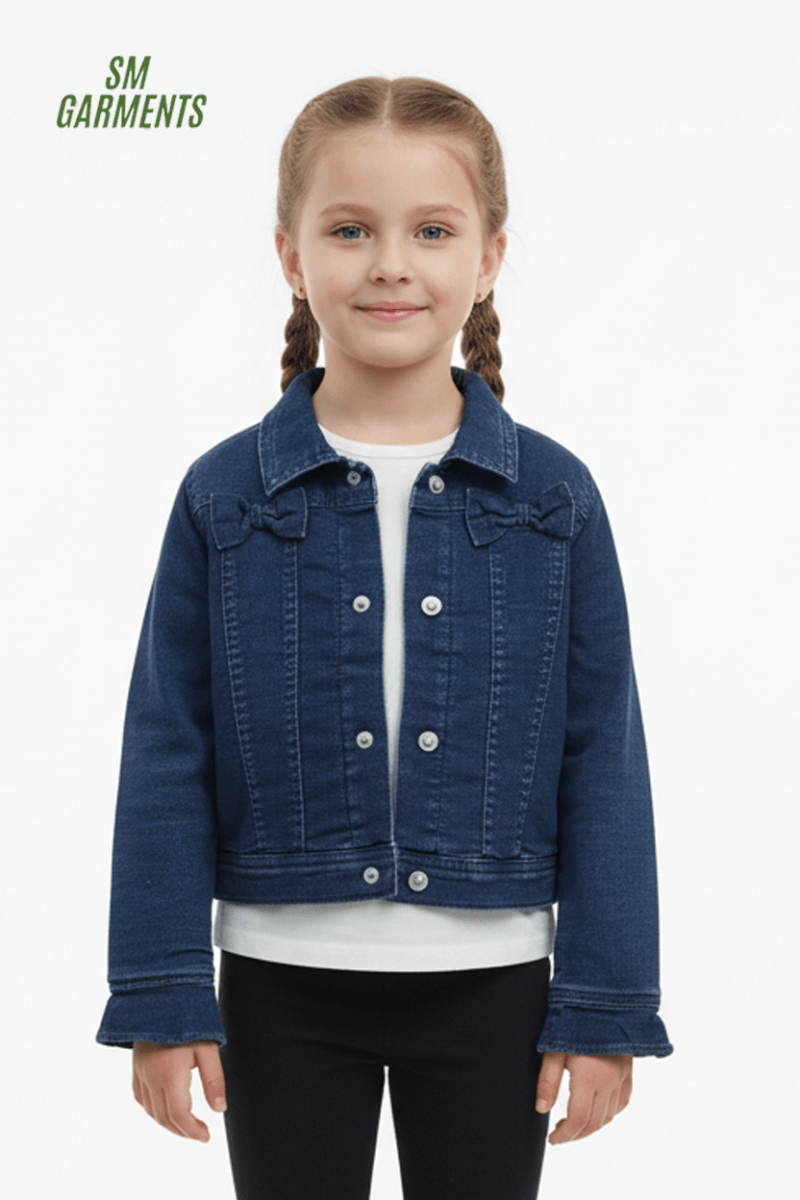GIRLS MANNING DERCORATIVE BOWS ON CHEST CROPPED DENIM JACKET - Smgarment's