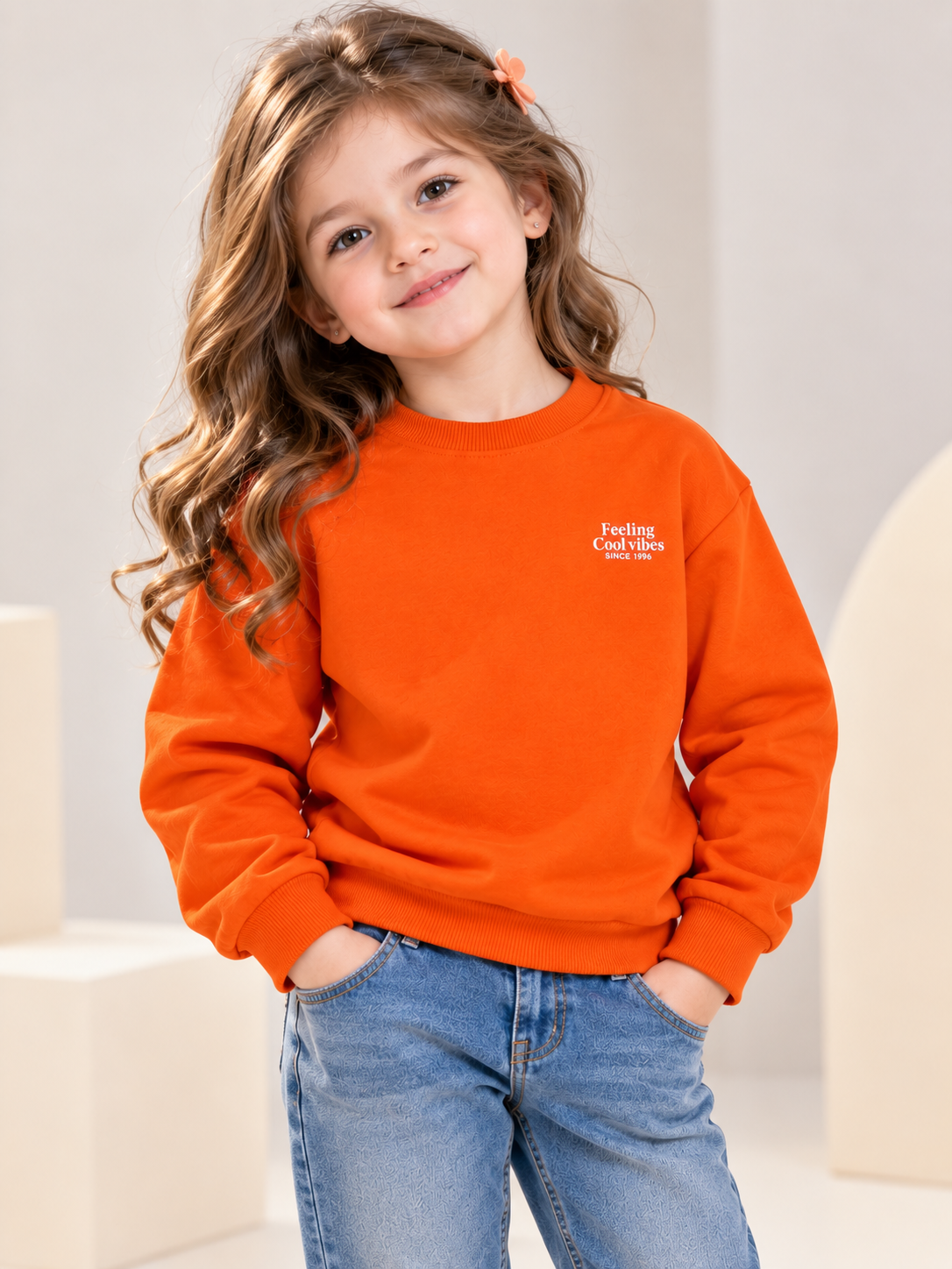 4-5 year girl model wearing orange Cool Vibes sweatshirt
