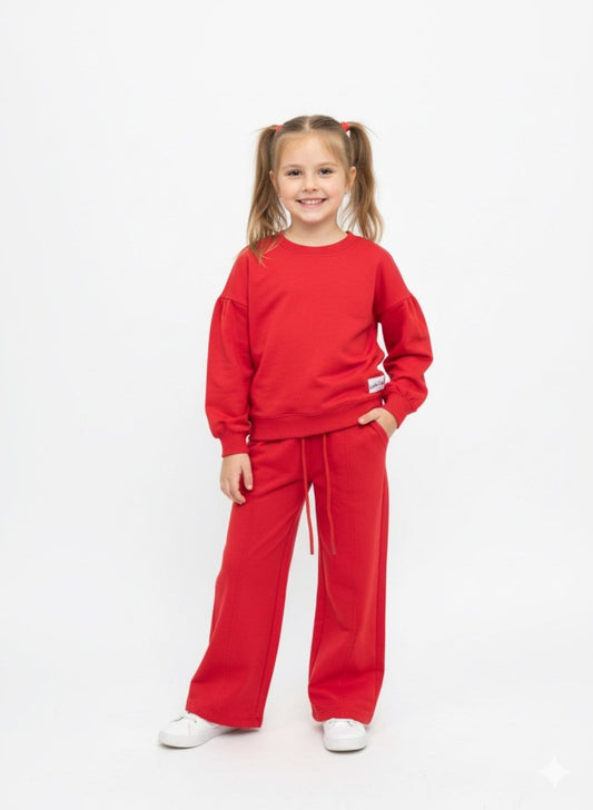 Girls Ruby Red Lounge Sweatshirt & Wide - Leg Pants Set - Smgarment's