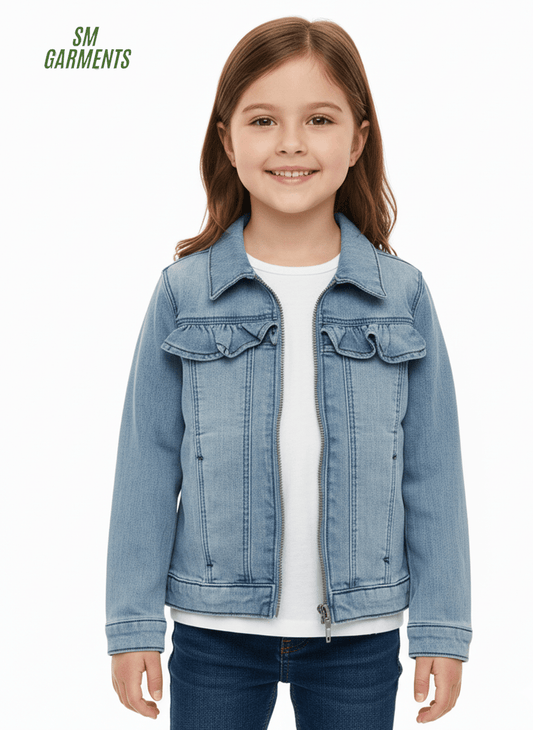 GIRLS RUFFLES ZIPPED DENIM JACKET - Smgarment's