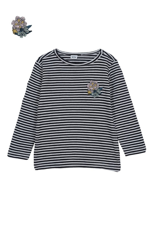 Girls' Striped Long Sleeve T-Shirt with Floral Embroidery - Smgarment's