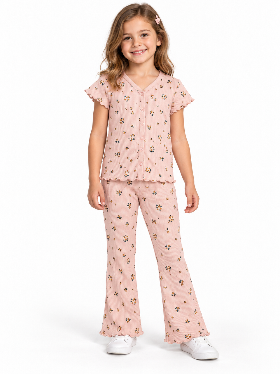 Girls blush pink floral co-ord set model front view