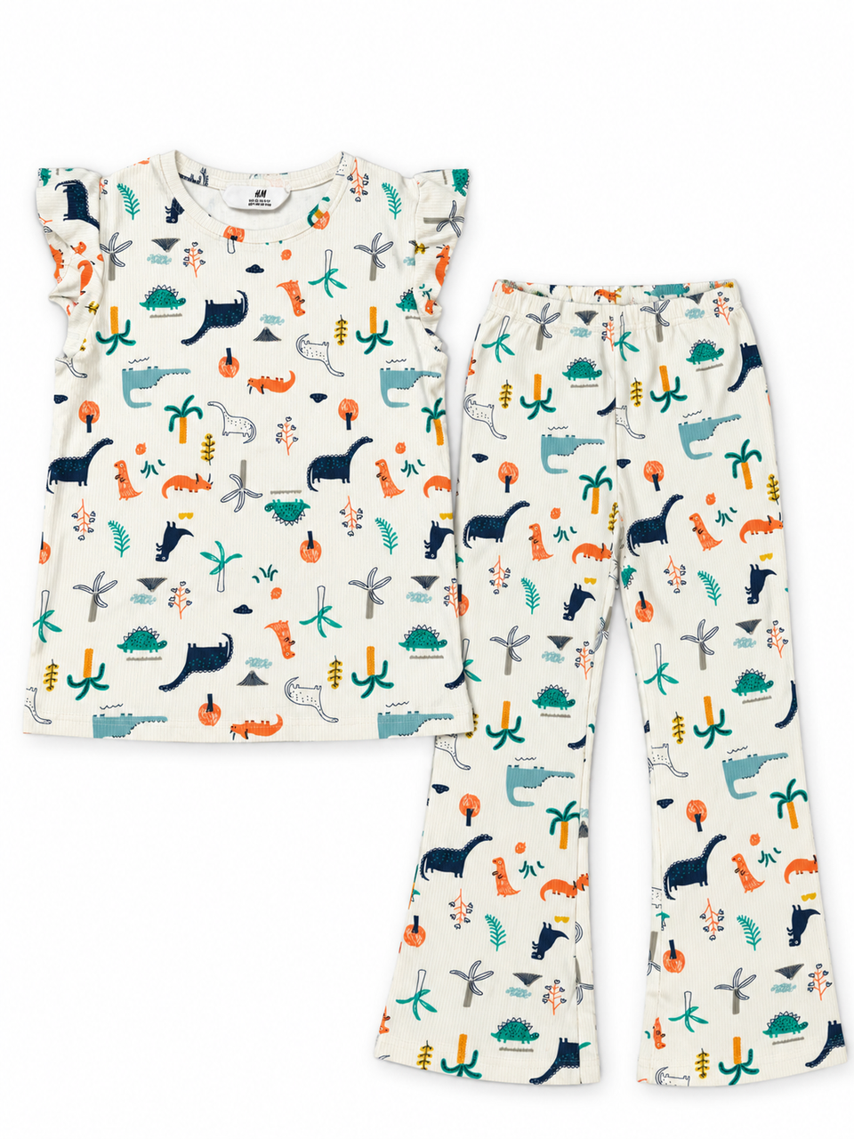 H&M girls ivory dinosaur print two-piece suit front view