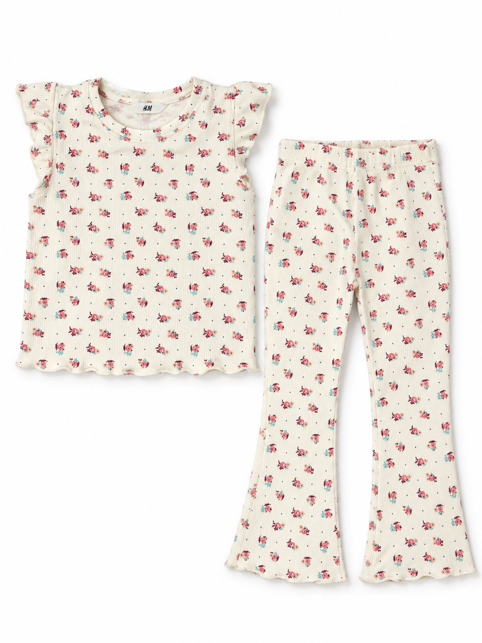 H&M ivory rose floral ribbed co-ord top and flared trousers front