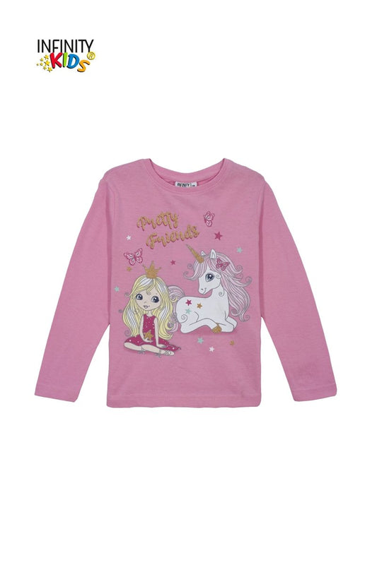 Infinity Kids Girls’ Pink Long Sleeve “Pretty Friends” Unicorn Tee - Smgarment's