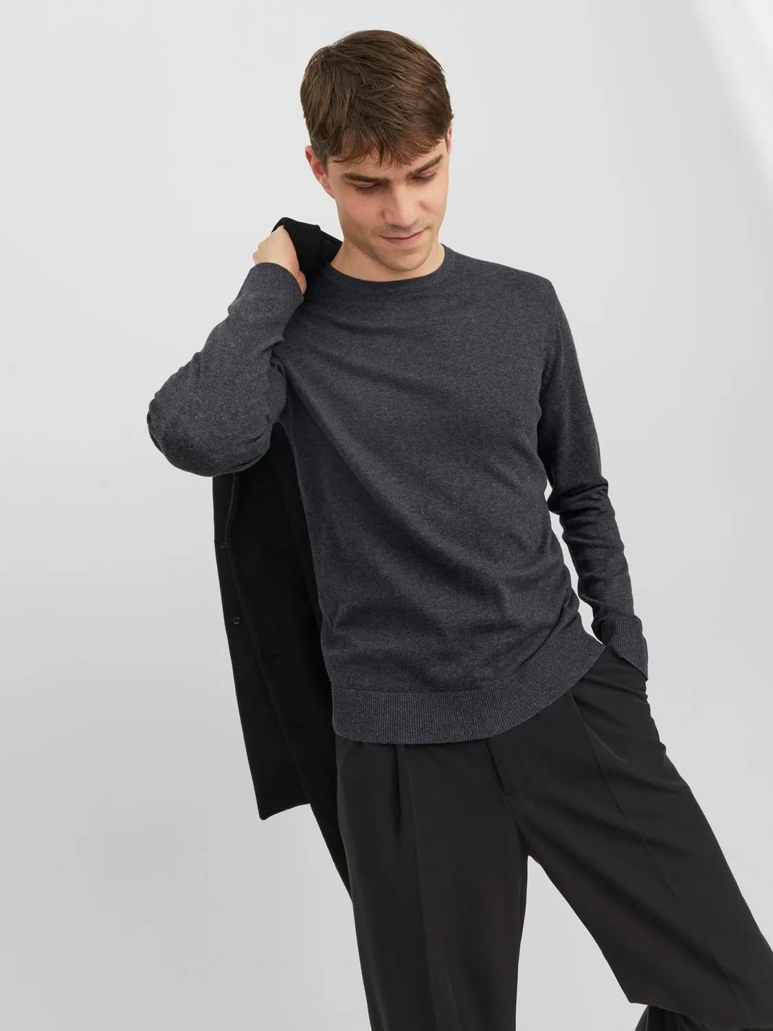 JACK&JONES Dark Grey Melange Plain Knitted Pullover - SMgarment's