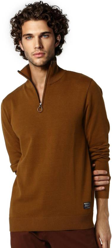 JACK&JONES Men Solid High Neck Brown Sweater - Smgarment's