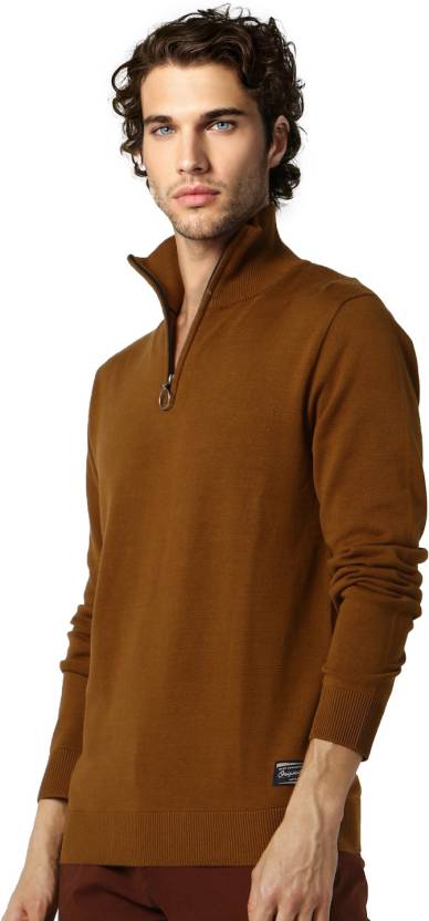 JACK&JONES Men Solid High Neck Brown Sweater - Smgarment's