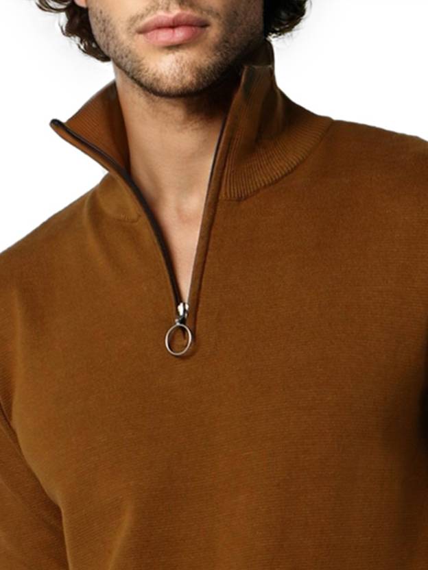 JACK&JONES Men Solid High Neck Brown Sweater - Smgarment's