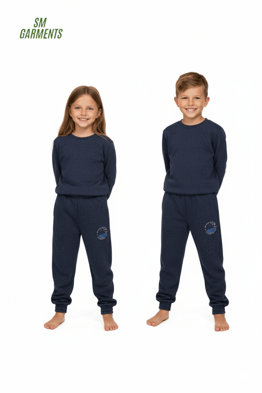 Kids' Marled Fleece Joggers Trouser - Navy with "Wilderness Adventure" Graphic - Smgarment's
