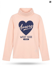 LH Girls' Light Pink Heart Graphic High Neck Turtleneck Long-Sleeve Top| SM GARMENTS