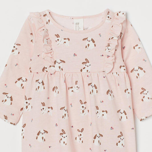 Light Pink Rabbits Frill Trimmed Jersey Dress - SMgarment's