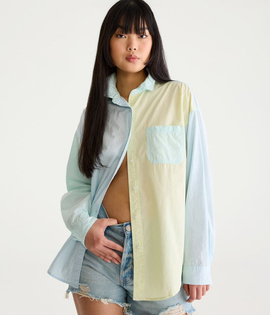 Long Sleeve Color blocked Oversized Button - Down Shirt - Smgarment's