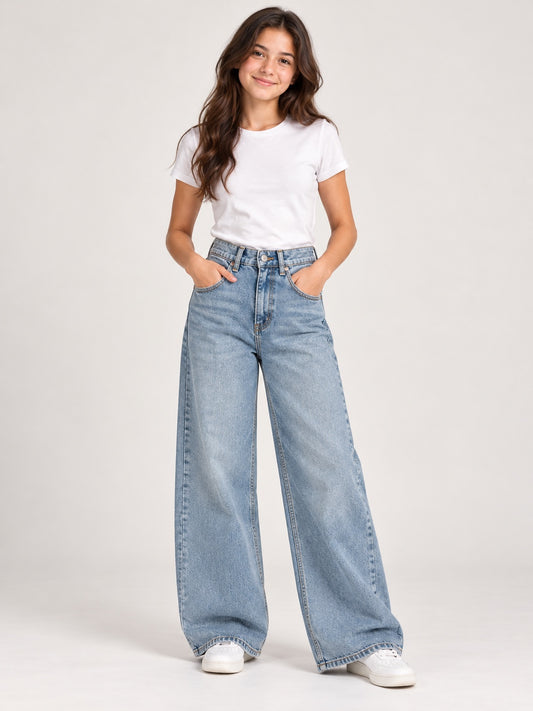 MAX girls high waist light blue wide leg denim jeans front model look 13–14 years