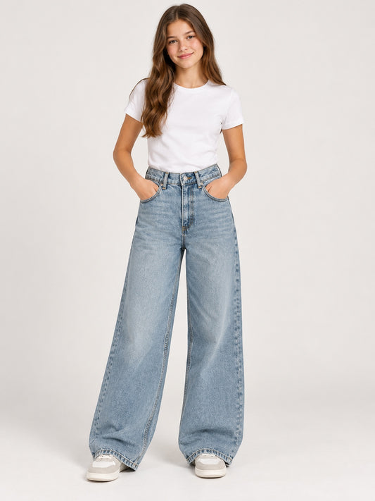 MAX girls light blue wide leg denim jeans full-length front ecommerce style