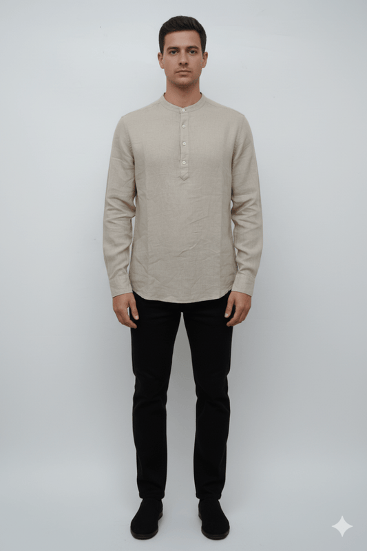 MENS BAND COLLAR LINEN SHIRT SLIM FIT - Smgarment's