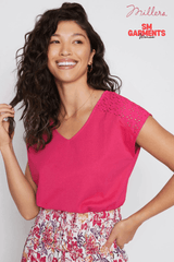MILLERS EXTENDED SLEEVE BROIDERY INSERT T - SHIRT - SMgarment's