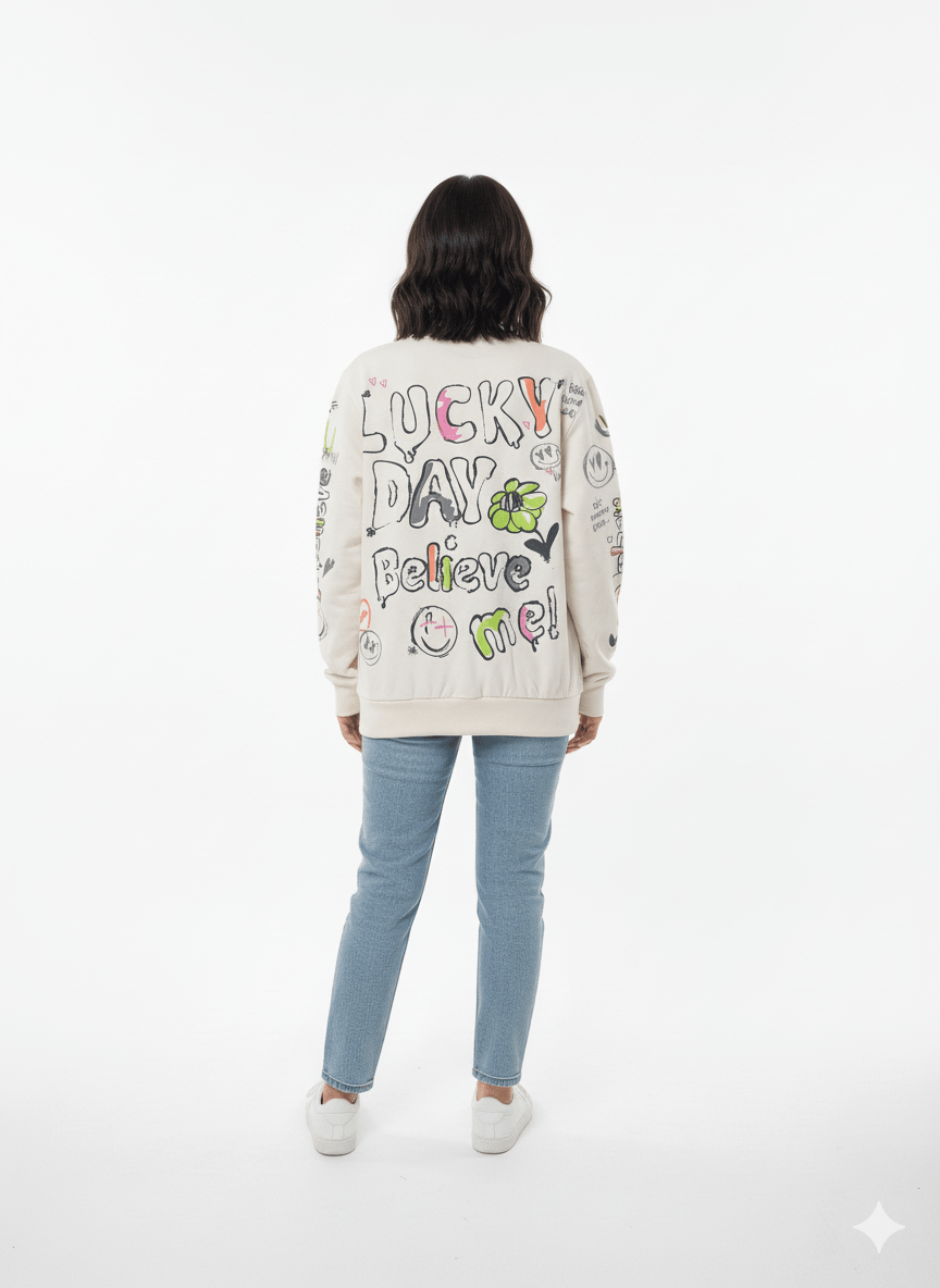 MNS WOMEN Doodle Graphic Sweatshirt Cream Multicolor Print - Smgarment's