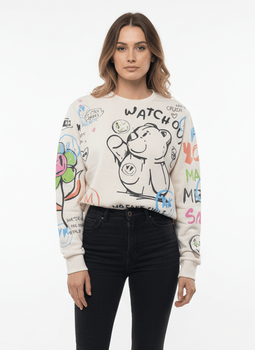 MNS WOMEN Doodle Graphic Sweatshirt Cream Multicolor Print - Smgarment's