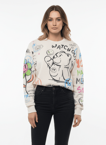 MNS WOMEN Doodle Graphic Sweatshirt Cream Multicolor Print - Smgarment's