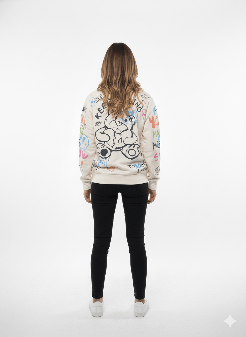 MNS WOMEN Doodle Graphic Sweatshirt Cream Multicolor Print - Smgarment's