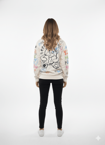 MNS WOMEN Doodle Graphic Sweatshirt Cream Multicolor Print - Smgarment's