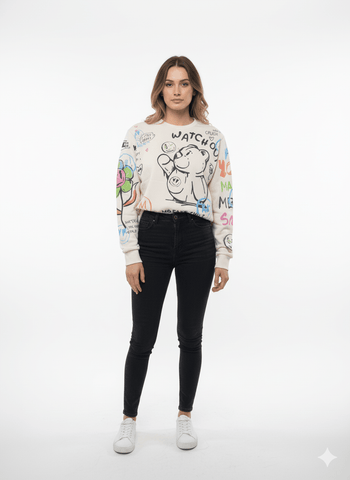 MNS WOMEN Doodle Graphic Sweatshirt Cream Multicolor Print - Smgarment's
